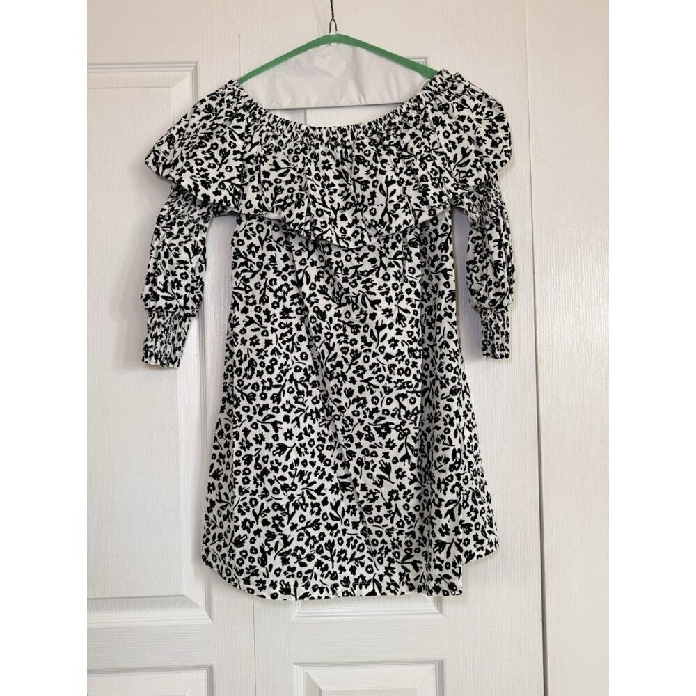 ZARA Off Shoulder Floral Mini Dress Black White Ruffle 3/4 Sleeve M - Picture 1 of 6
